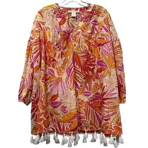 C&C Medium Nordstrom Bright Floral Tassel Trim 💯 Cotton Beach Blouse Coverup G